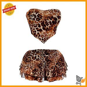 Y2K Mesh Skirt Set Leopard Print Tube Top Layered Mini Skirt Outfit